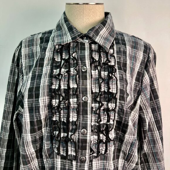 Fred David Black & White Plaid Button-Up Shirt Ruffle Detail Size 0X - Picture 2 of 6